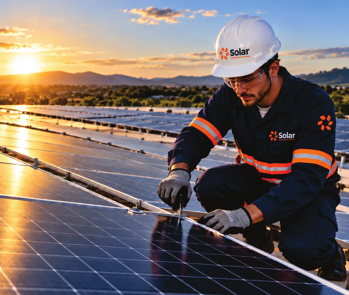 Técnico da Solar instalando painéis de energia solar
