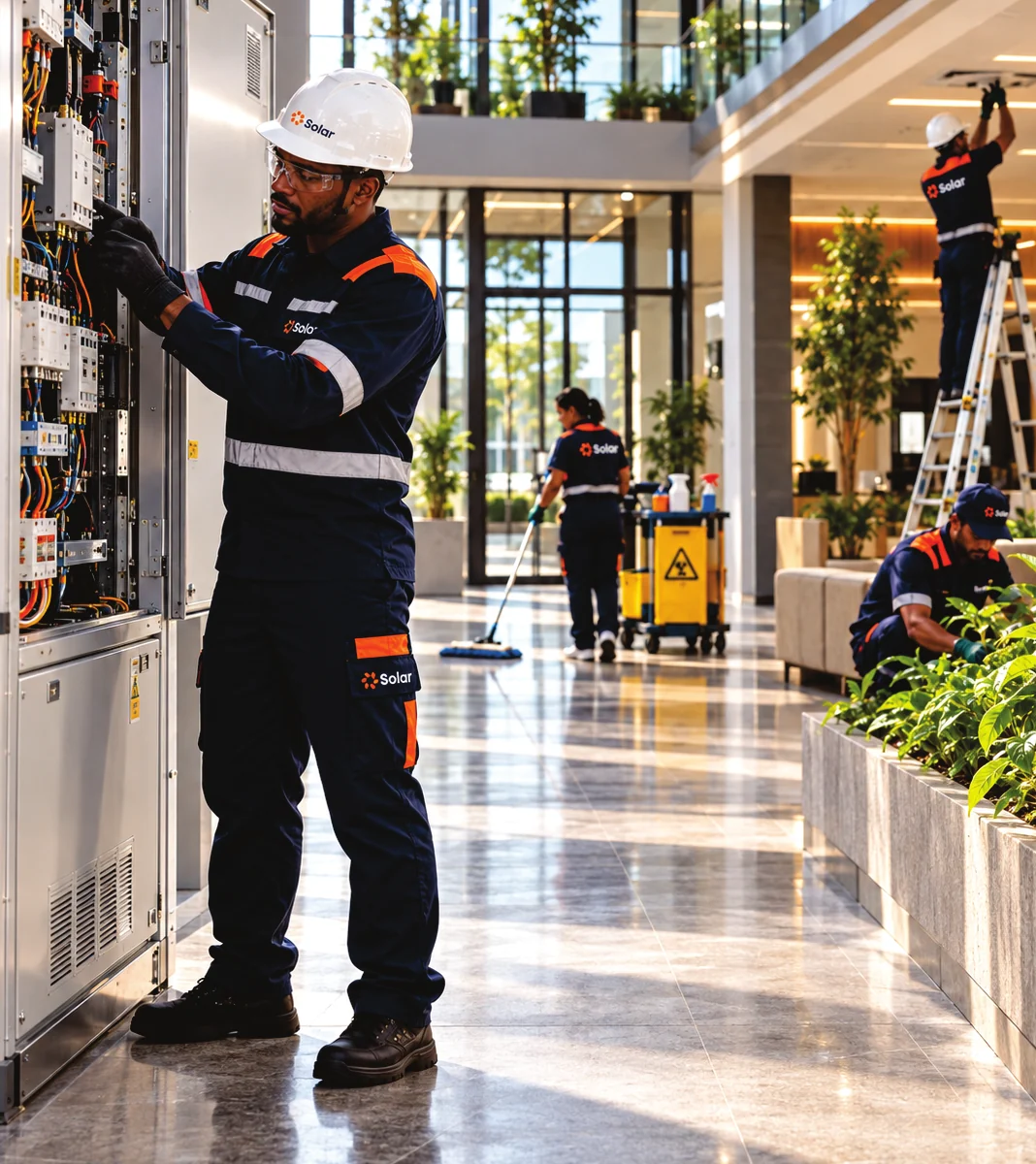 Equipe da Solar em manutenção elétrica e limpeza predial