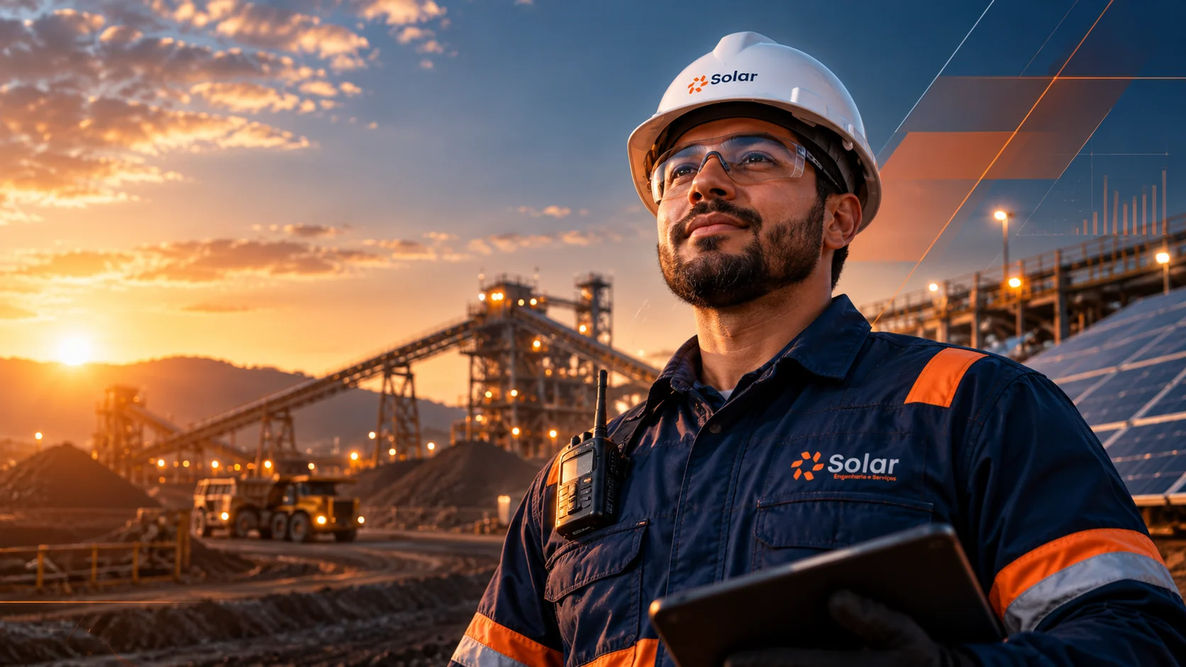 Profissional da Solar Engenharia e Serviços em uma operação de mineração ao entardecer